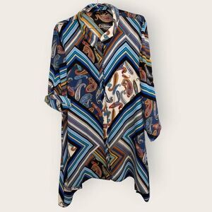 Melissa Paige Womens Top Sz 2X‎ Striped Blue Gold Button Blouse Cottagecore Plus